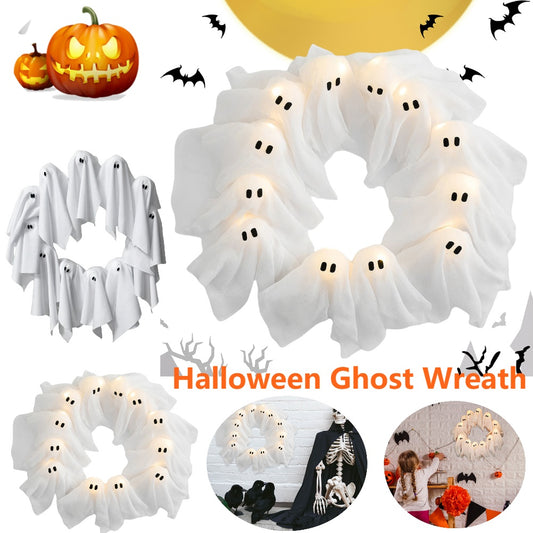 LED Illuminated Spooky Ghost Wreath For Door/Porch | Halloween Holiday Home Decor Glowing Ghost Lights Wreath