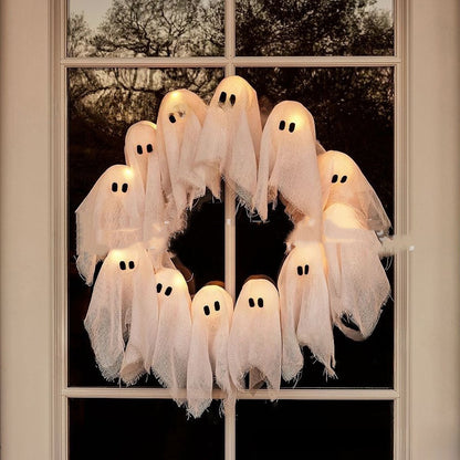 LED Illuminated Spooky Ghost Wreath For Door/Porch | Halloween Holiday Home Decor Glowing Ghost Lights Wreath