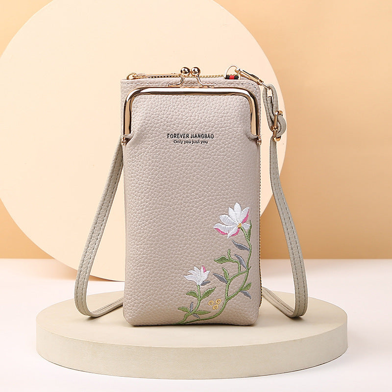 Flower Embroidery Phone Bag With Kiss Lock Closure - Buckle Outdoor Long Wallet -Fashion Shoulder And Crossbody Bags