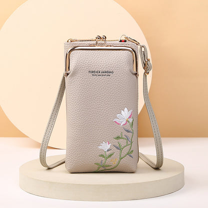 Flower Embroidery Phone Bag With Kiss Lock Closure - Buckle Outdoor Long Wallet -Fashion Shoulder And Crossbody Bags