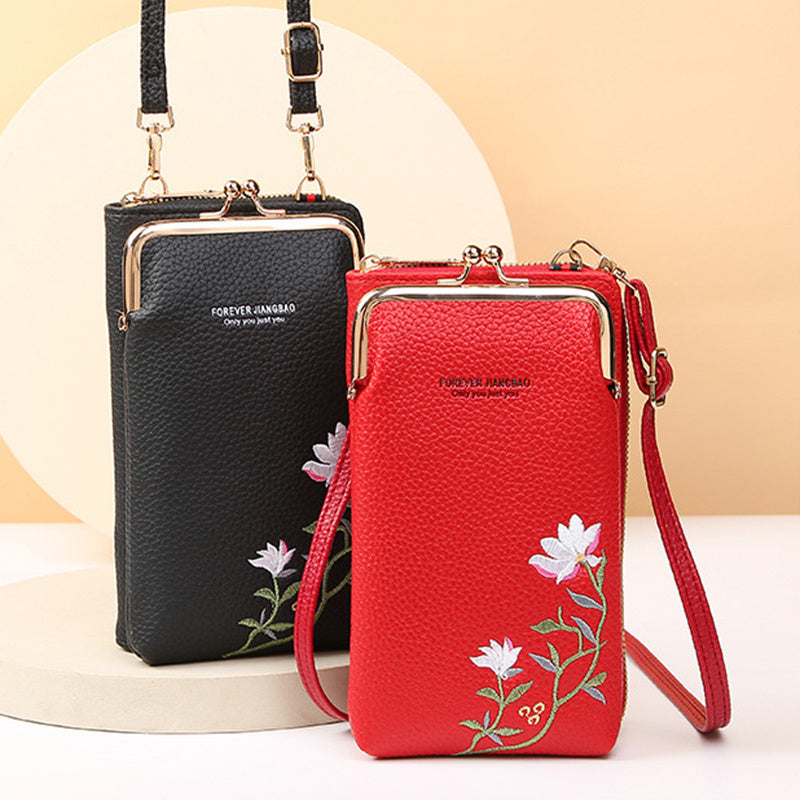 Flower Embroidery Phone Bag With Kiss Lock Closure - Buckle Outdoor Long Wallet -Fashion Shoulder And Crossbody Bags