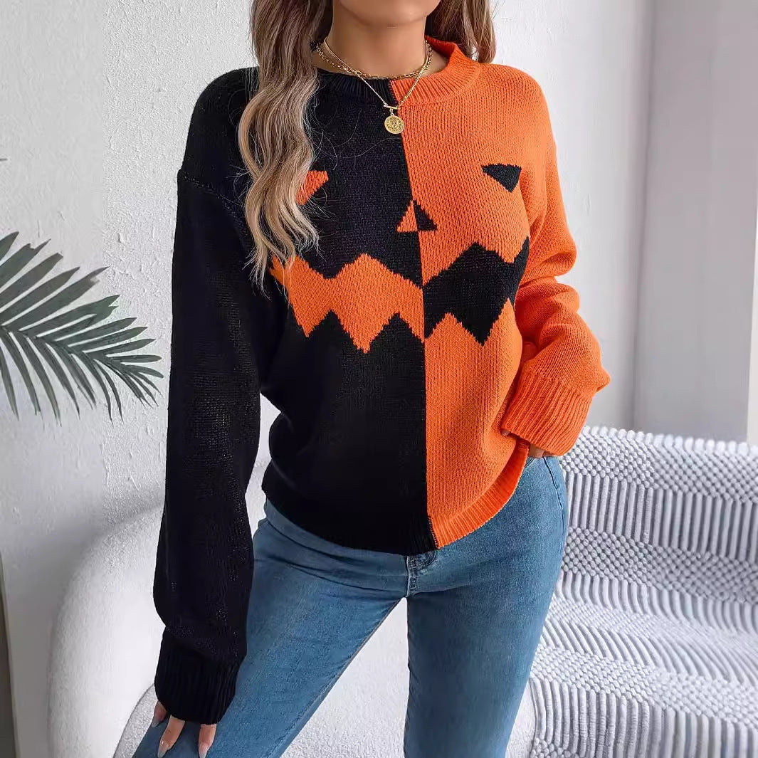 Halloween Contrast-Color Pumpkin Face Pullover Sweater Fashion | Long Sleeve Knitted Tops For Women's Clothing