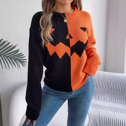 Halloween Contrast-Color Pumpkin Face Pullover Sweater Fashion | Long Sleeve Knitted Tops For Women's Clothing