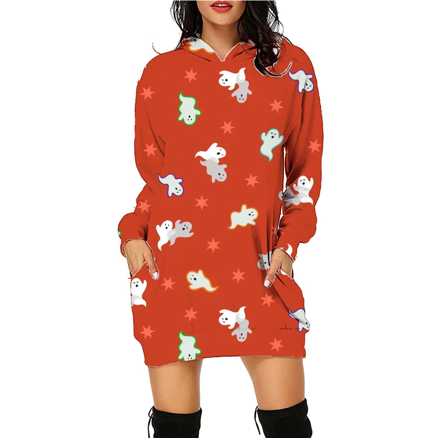 Halloween Print Long Dress Hoodie Style With Pockets