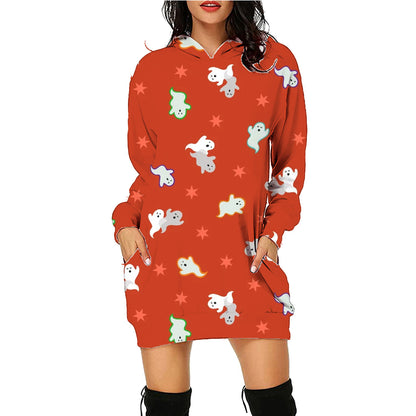 Halloween Print Long Dress Hoodie Style With Pockets
