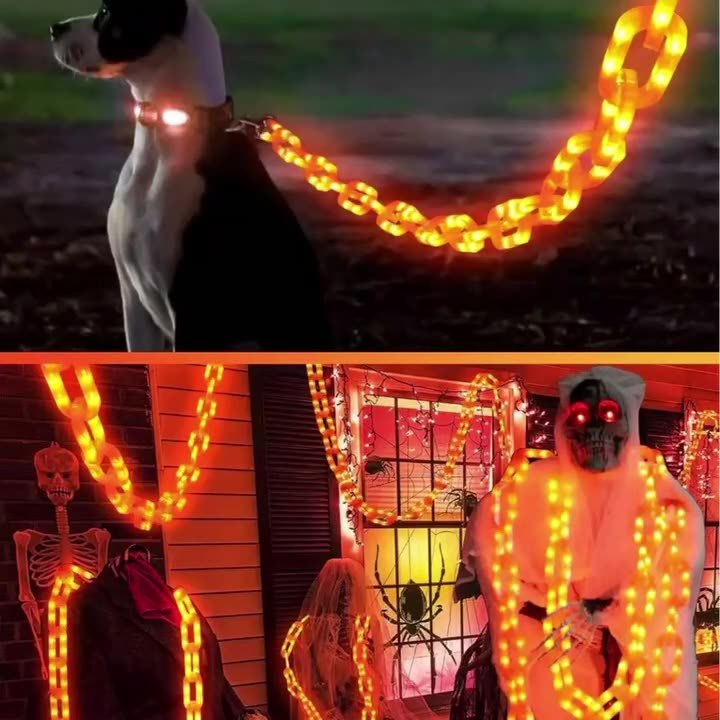 LED Waterproof Halloween Chain Link Outdoor Decoration |Lighted Dog Leash | 8 Functions | Warm White & Purple Light Options
